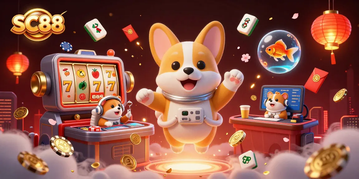 SC88 casino scene with a floating corgi astronaut and vibrant gaming elements.