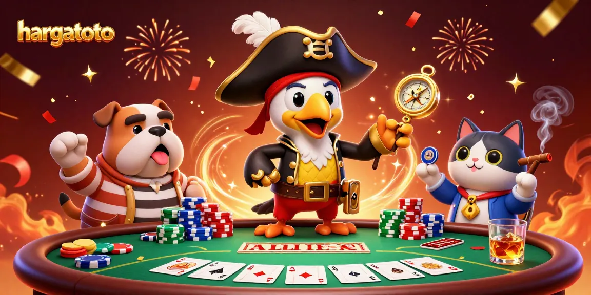 Join the fun with hargatoto as a pirate captain and crew celebrate winning at a vibrant casino scene.