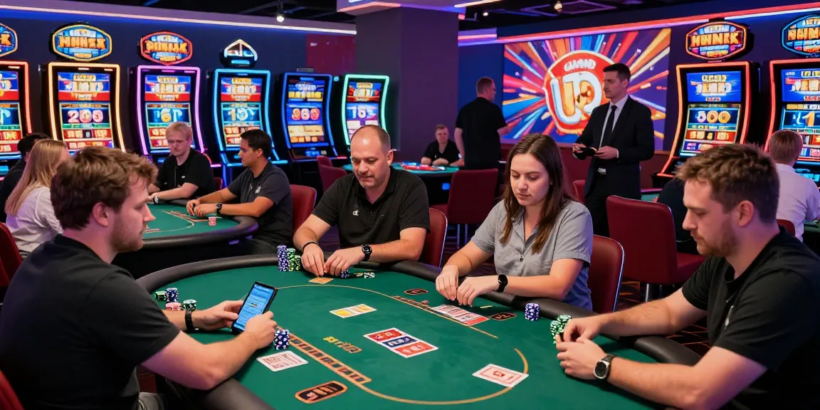 Players enjoying games at a vibrant casino non uk, showcasing lively atmosphere and digital interfaces.