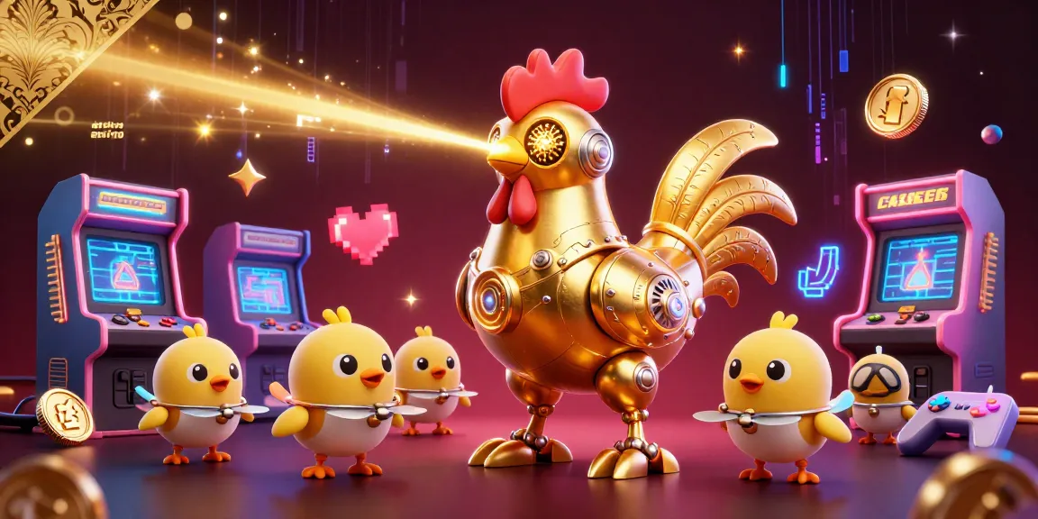 Engage with an exciting credit card casino scene featuring a golden rooster robot and baby chick drones.