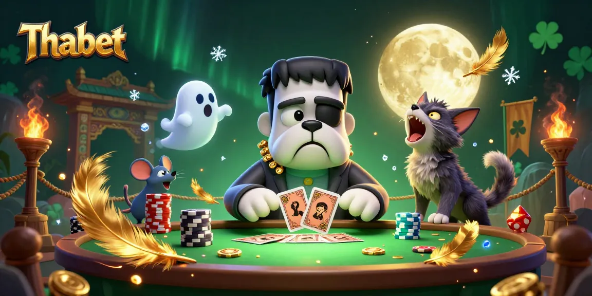 Thabet players experience thrilling card dealing by a Frankenstein bulldog at a vibrant casino.